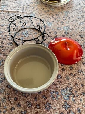 Vintage ORANGE FLAME Enamelware Casserole Dish with Lid  8”